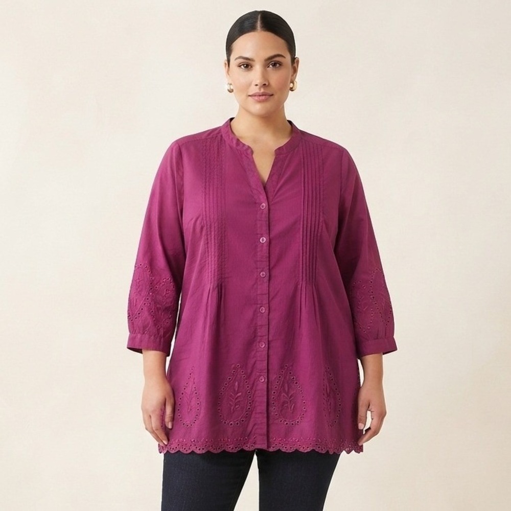 Catherines Liz & Me Magenta Eyelet Cotton Tunic Top 3X Purple Pintuck Button Up